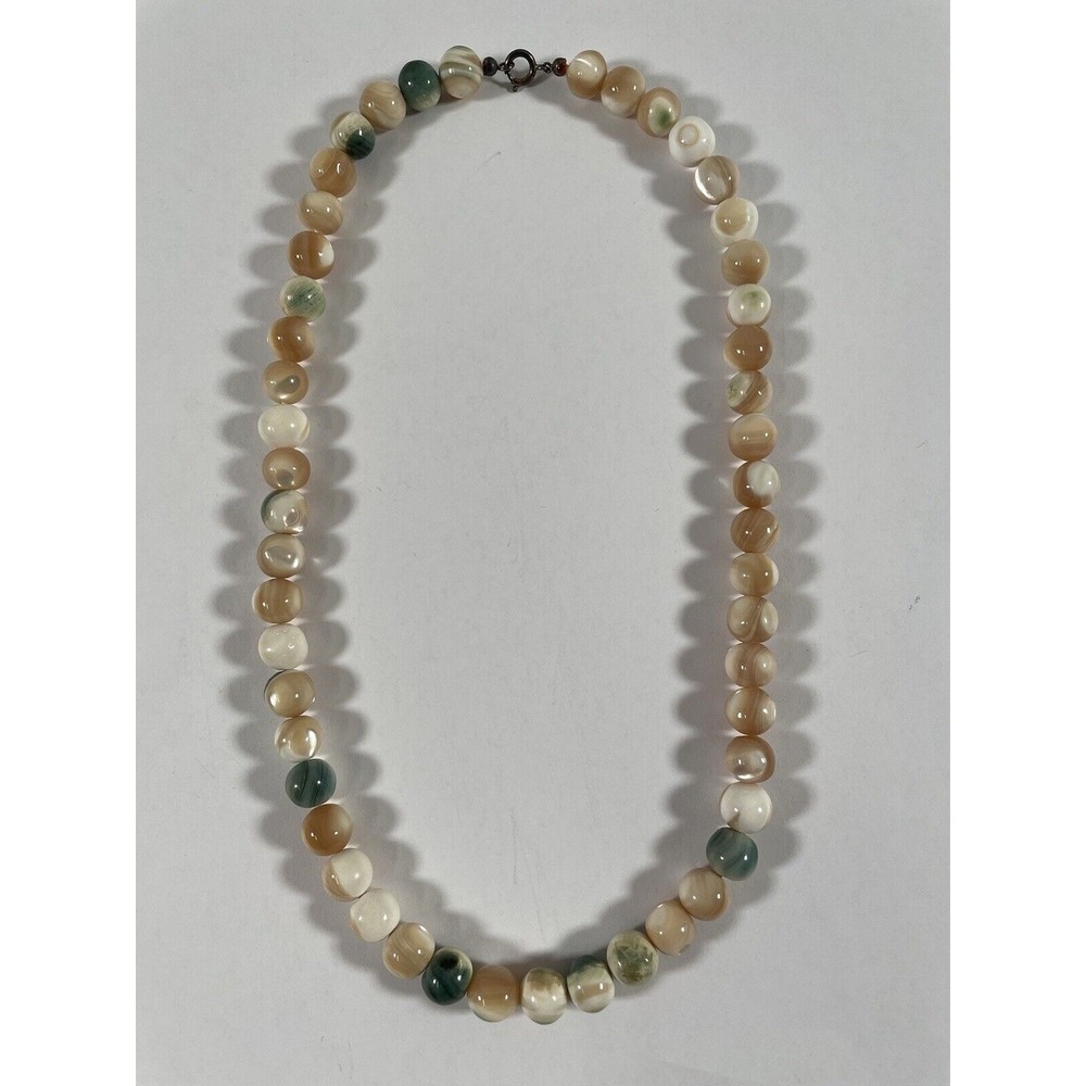 Vintage Victorian Carved Conch Shell Bead Necklace Rare 21" & 10mm bead